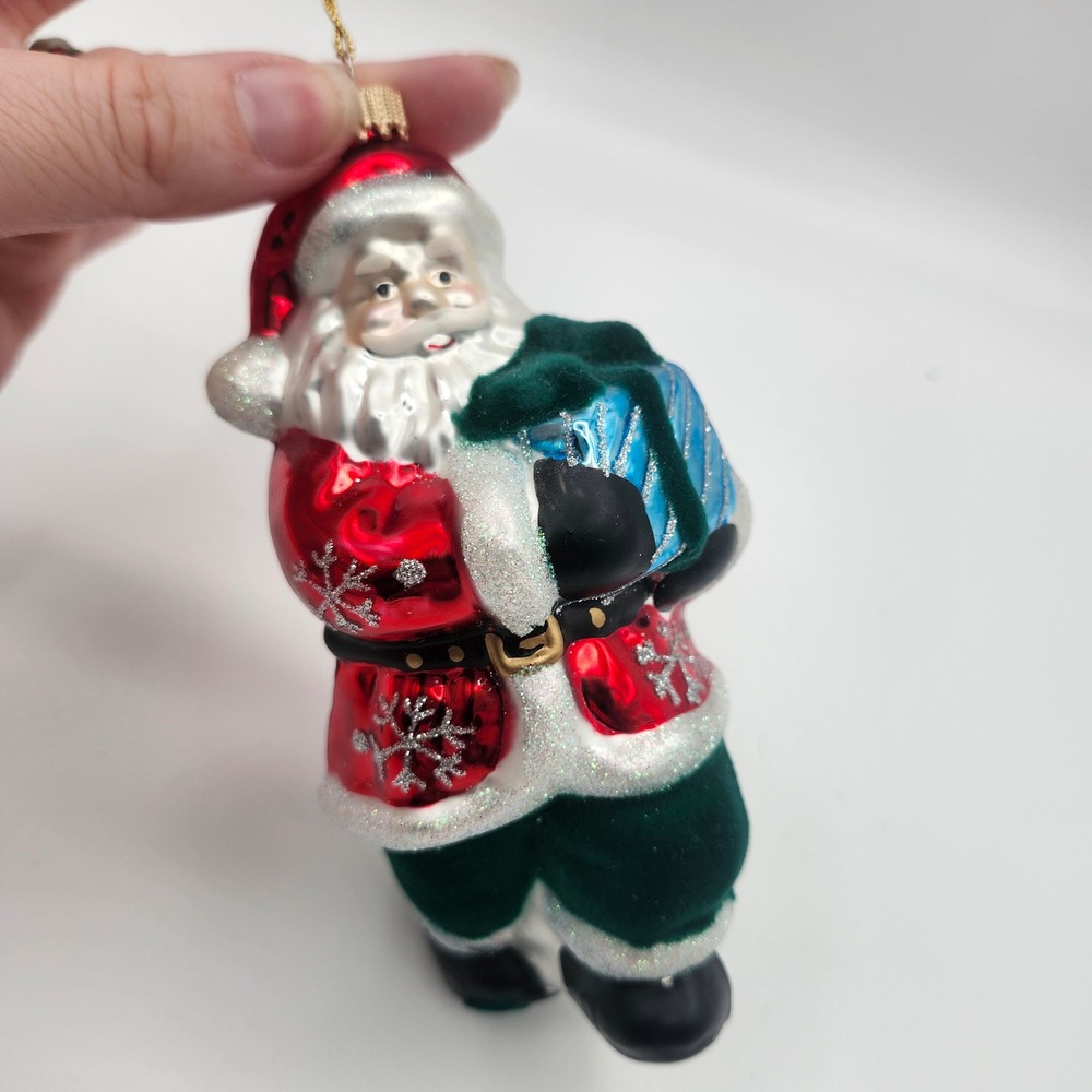 Vintage Style Glass Santa Ornament Red Coat Green Flocked Pants‎ Gift Bag